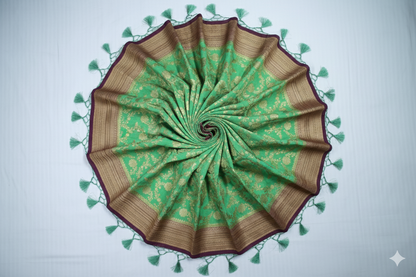 Opulent Parrot Green Silk Saree with All-Over Gold Floral Brocade
