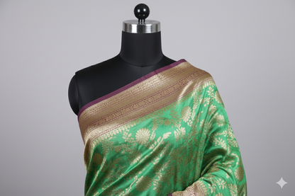 Opulent Parrot Green Silk Saree with All-Over Gold Floral Brocade