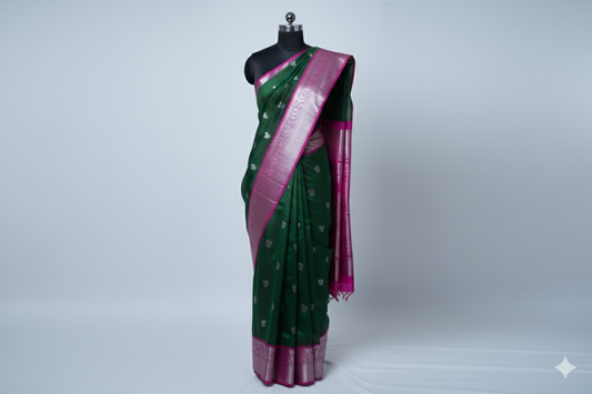 Elegant Bottle Green Silk Saree with Vibrant Pink Contrast and Silver Zari