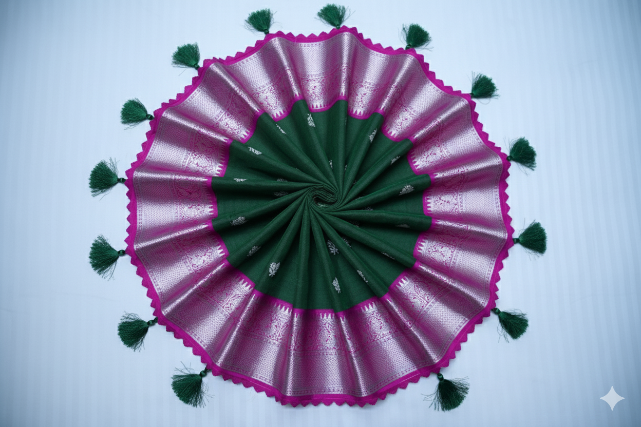 Elegant Bottle Green Silk Saree with Vibrant Pink Contrast and Silver Zari