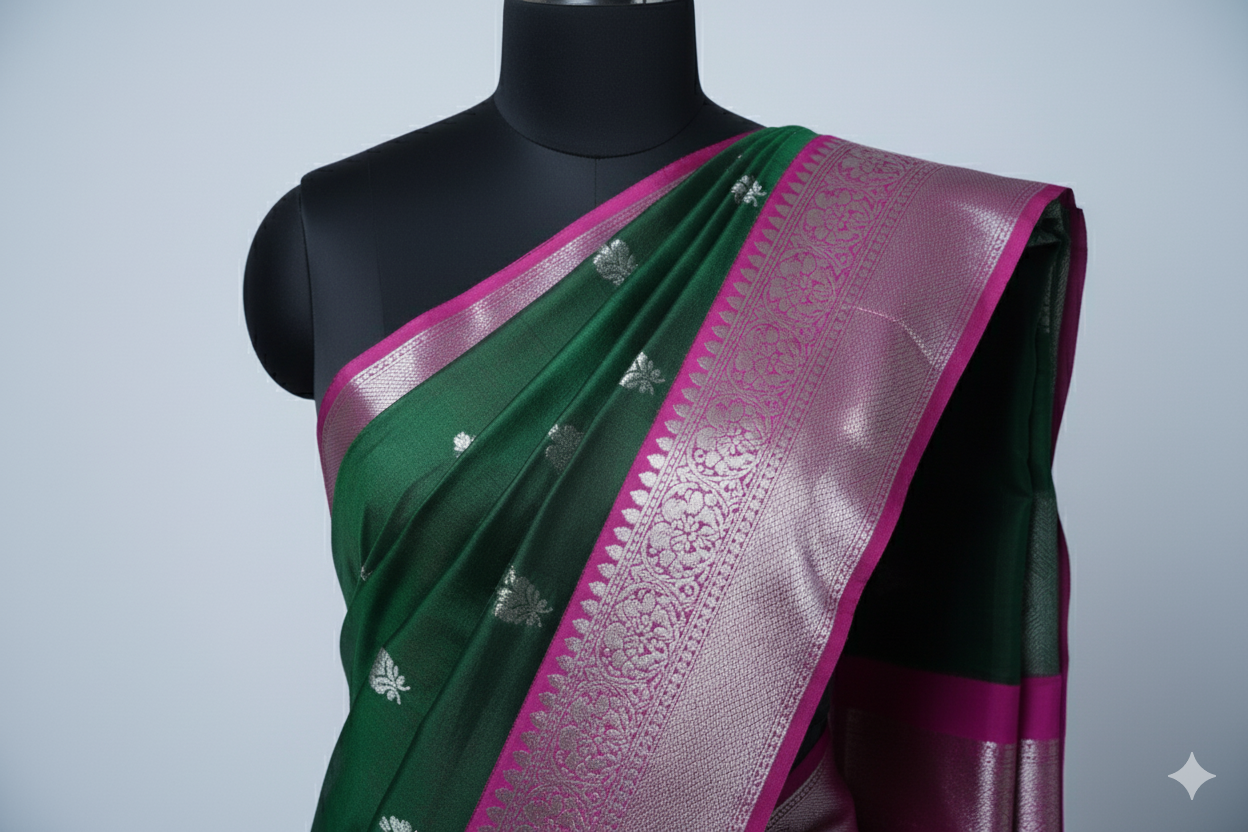 Elegant Bottle Green Silk Saree with Vibrant Pink Contrast and Silver Zari