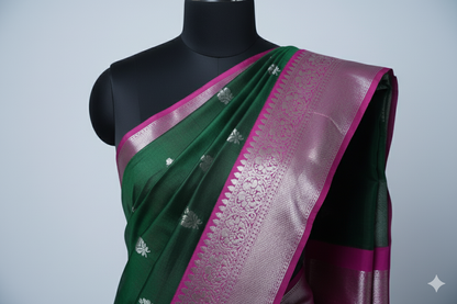 Elegant Bottle Green Silk Saree with Vibrant Pink Contrast and Silver Zari