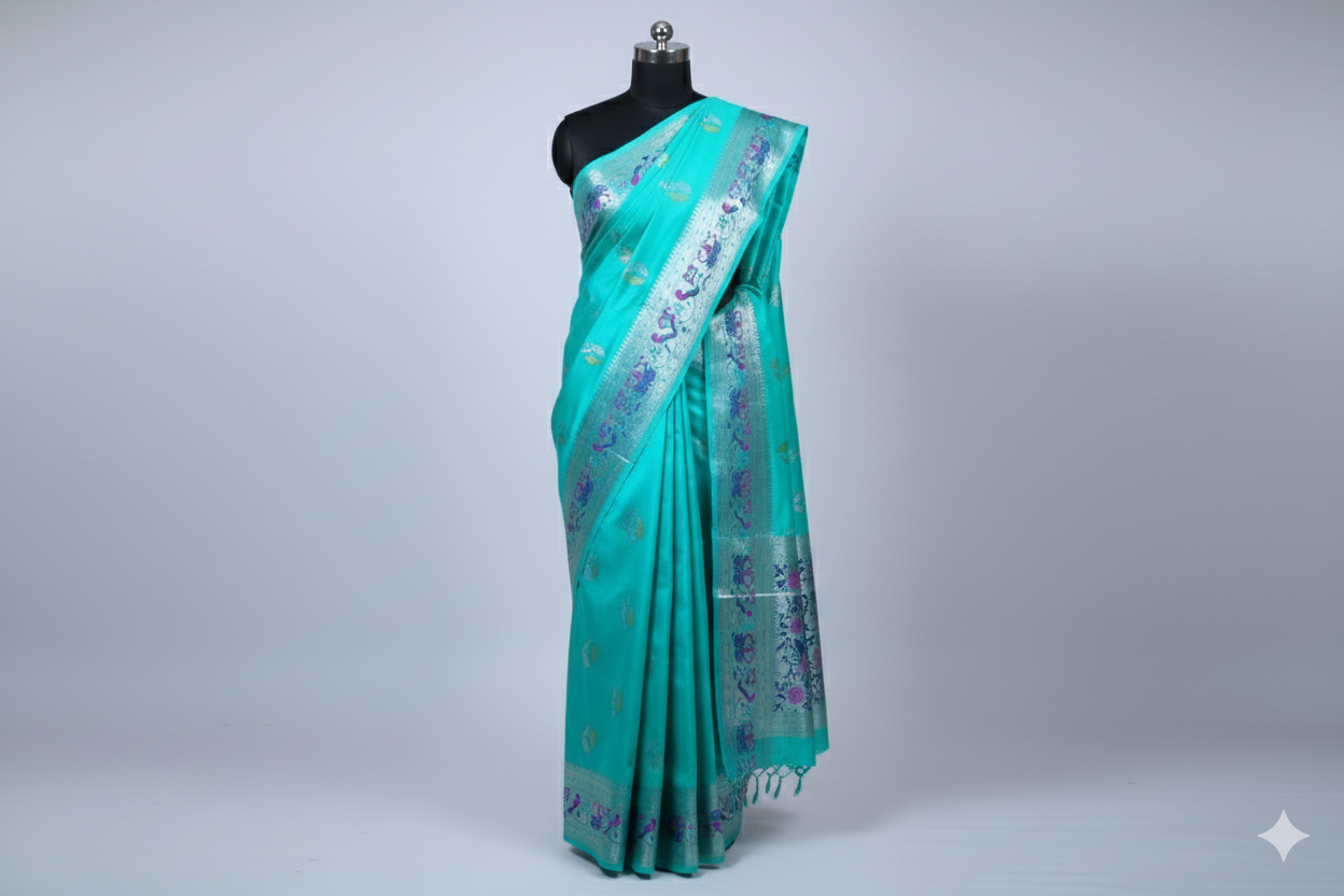 Exquisite Turquoise Silk Saree with Intricate Multi-Colored Zari Border