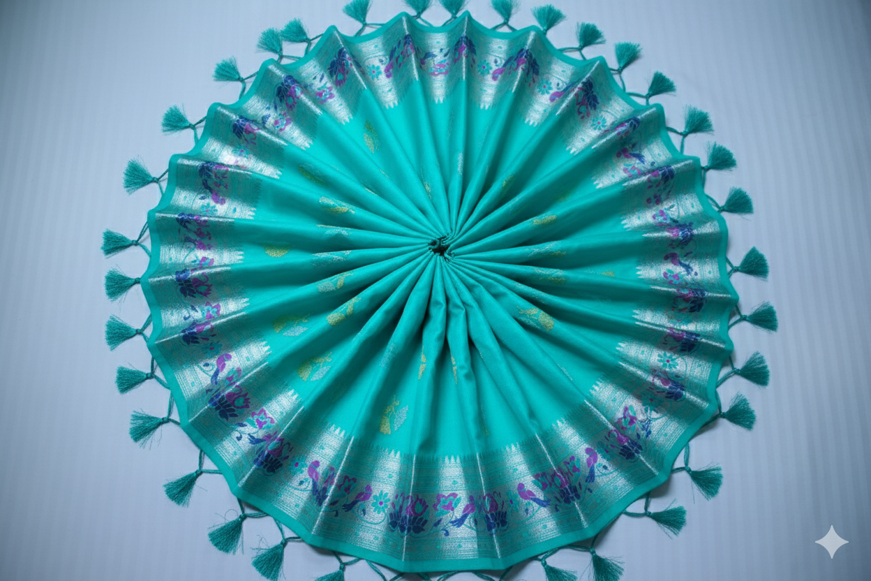 Exquisite Turquoise Silk Saree with Intricate Multi-Colored Zari Border
