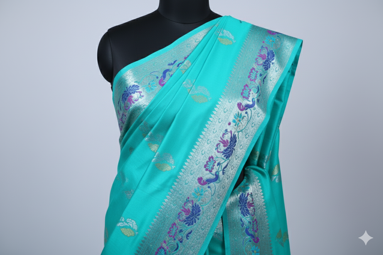 Exquisite Turquoise Silk Saree with Intricate Multi-Colored Zari Border