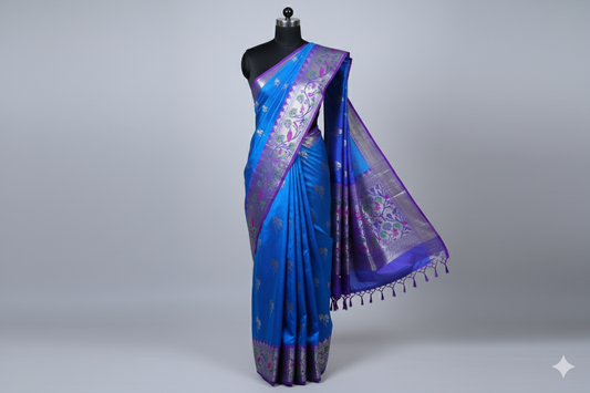 Magnificent Royal Blue Silk Saree with Multi-Colored Floral Zari Weave