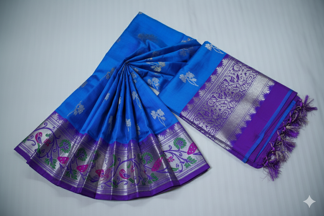 Magnificent Royal Blue Silk Saree with Multi-Colored Floral Zari Weave