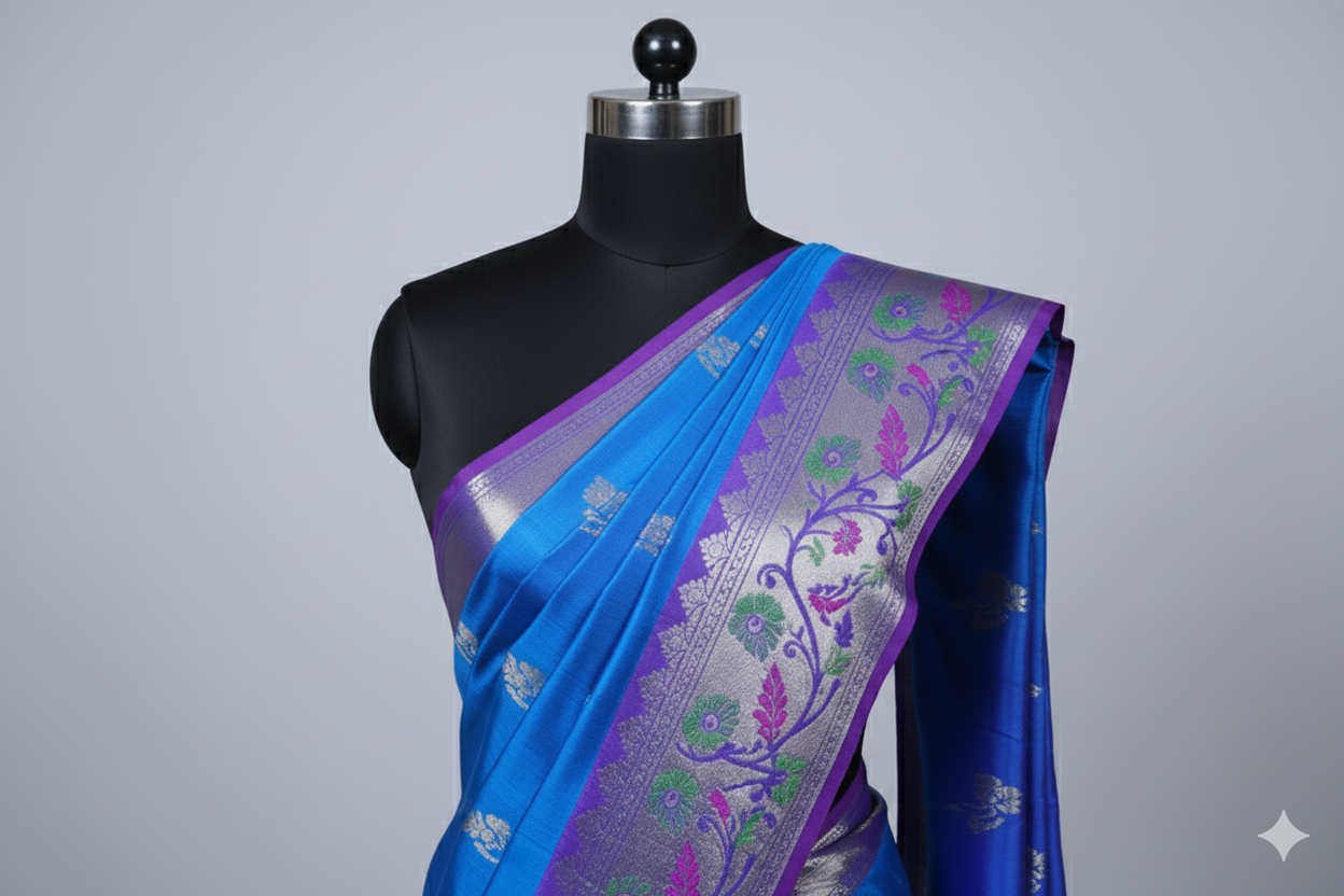 Magnificent Royal Blue Silk Saree with Multi-Colored Floral Zari Weave
