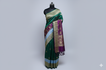 Luxury Emerald Green Silk Saree with Triple Contrast & Heavy Brocade Pallu