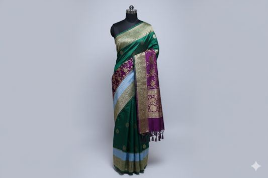 Luxury Emerald Green Silk Saree with Triple Contrast & Heavy Brocade Pallu