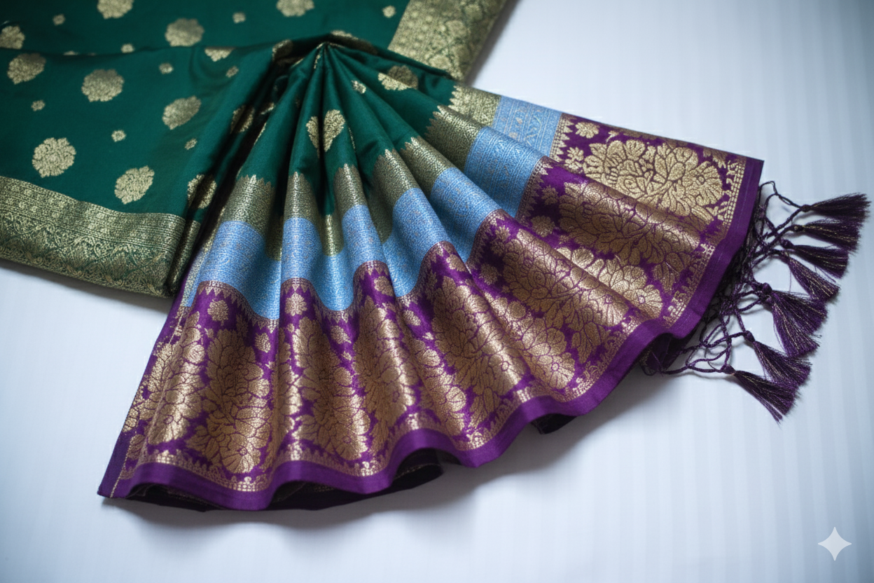 Luxury Emerald Green Silk Saree with Triple Contrast & Heavy Brocade Pallu
