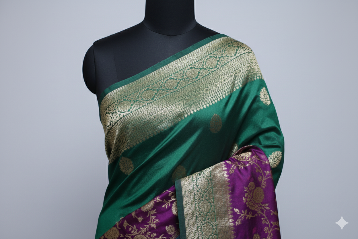 Luxury Emerald Green Silk Saree with Triple Contrast & Heavy Brocade Pallu