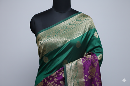 Luxury Emerald Green Silk Saree with Triple Contrast & Heavy Brocade Pallu