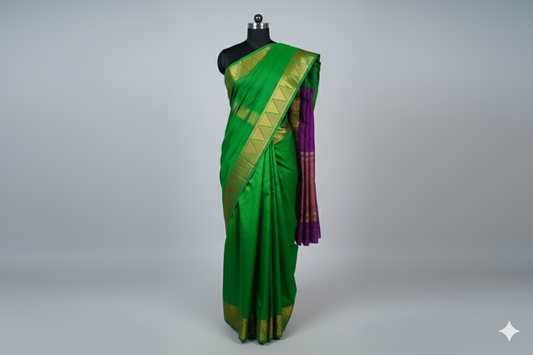 Vibrant Parrot Green Silk Saree with Temple Border and Purple Contrast