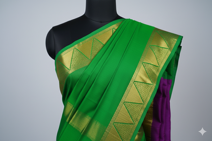 Vibrant Parrot Green Silk Saree with Temple Border and Purple Contrast