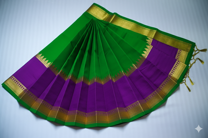 Vibrant Parrot Green Silk Saree with Temple Border and Purple Contrast