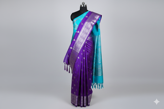 Breathtaking Dual-Tone Silk Saree: Purple and Turquoise with Heavy Silver Zari