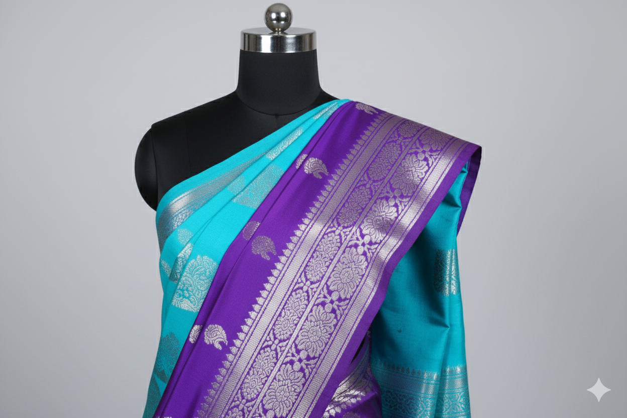 Breathtaking Dual-Tone Silk Saree: Purple and Turquoise with Heavy Silver Zari
