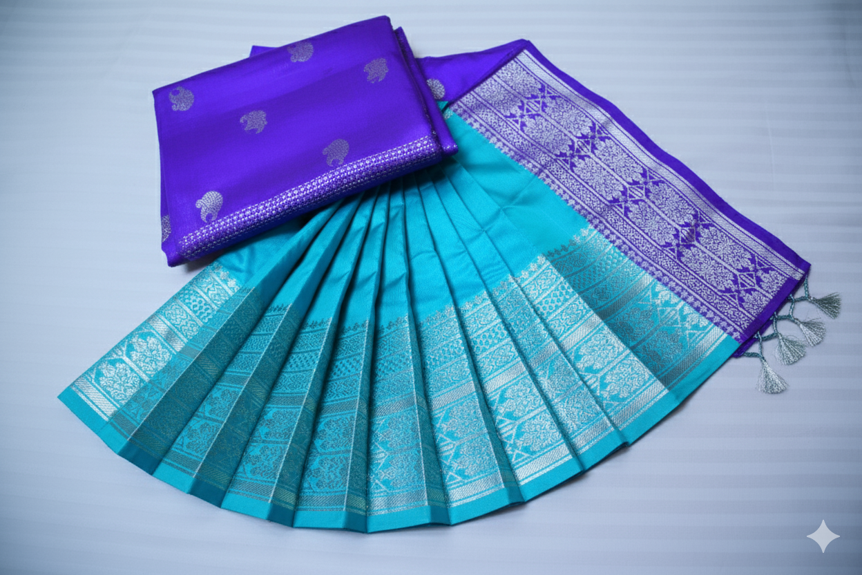 Breathtaking Dual-Tone Silk Saree: Purple and Turquoise with Heavy Silver Zari
