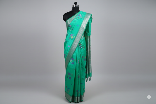 Delicate Jade Green Silk Saree with Multi-Colored Floral Motifs