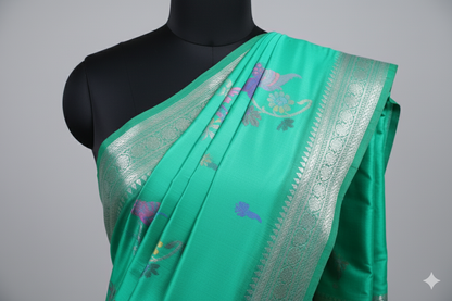 Delicate Jade Green Silk Saree with Multi-Colored Floral Motifs