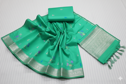 Delicate Jade Green Silk Saree with Multi-Colored Floral Motifs
