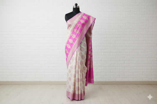 Cream & Pink Banarasi Silk Saree with Leaf Zari Pallu