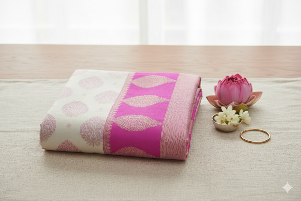 Cream & Pink Banarasi Silk Saree with Leaf Zari Pallu