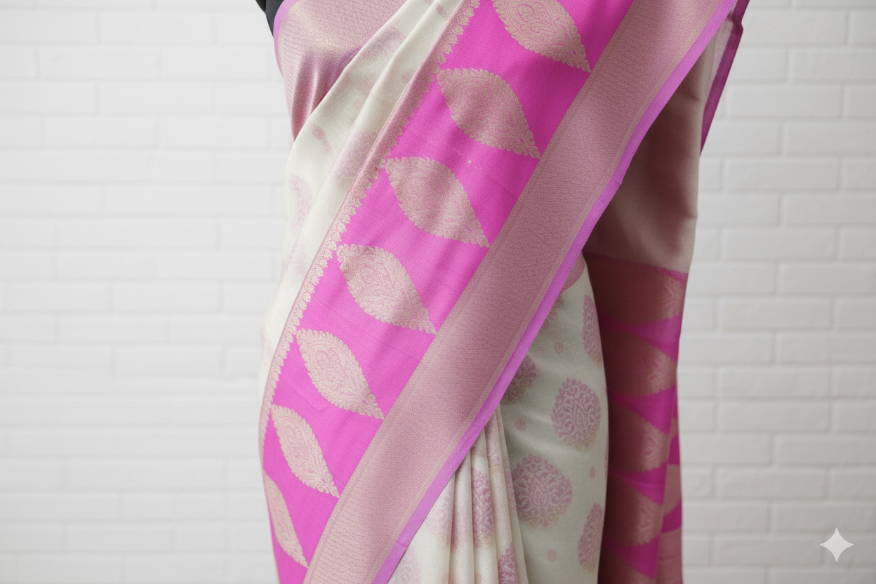 Cream & Pink Banarasi Silk Saree with Leaf Zari Pallu