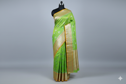 Vibrant Lime Green Silk Saree with Solid Gold Zari Temple Border