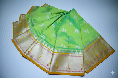 Vibrant Lime Green Silk Saree with Solid Gold Zari Temple Border