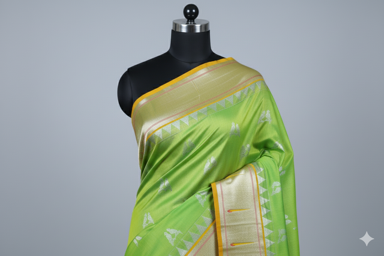Vibrant Lime Green Silk Saree with Solid Gold Zari Temple Border