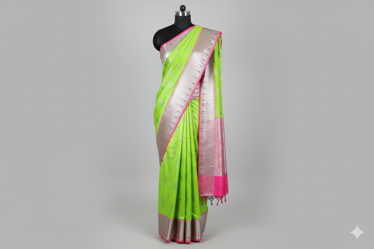 Electric Lime Green Silk Saree with Fuchsia Contrast and Heavy Silver Zari