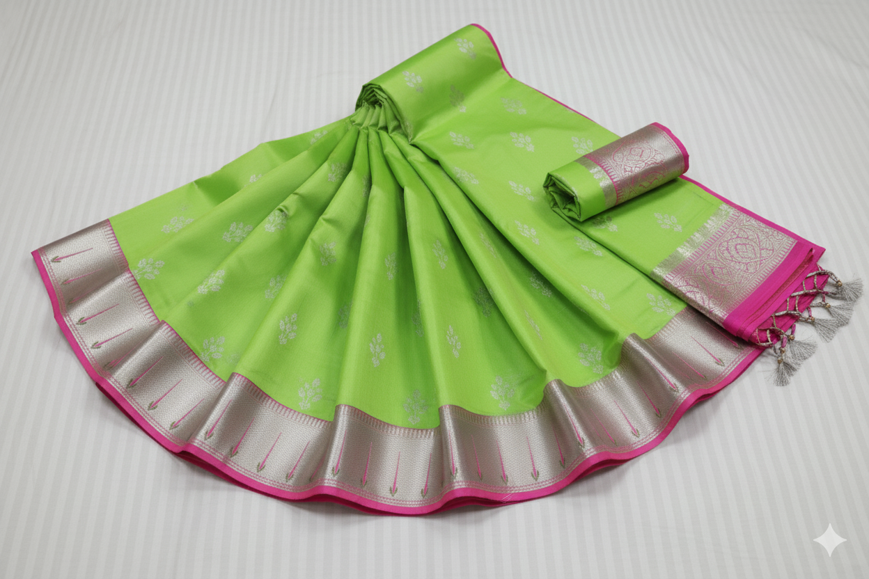 Electric Lime Green Silk Saree with Fuchsia Contrast and Heavy Silver Zari