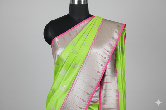 Electric Lime Green Silk Saree with Fuchsia Contrast and Heavy Silver Zari