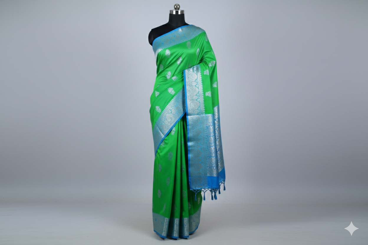 Vibrant Parrot Green Silk Saree with Royal Blue Contrast and Silver Zari