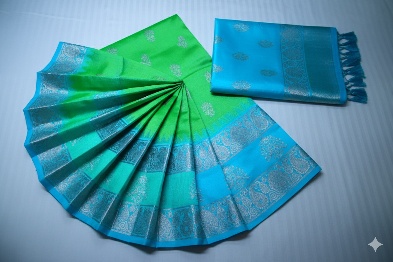 Vibrant Parrot Green Silk Saree with Royal Blue Contrast and Silver Zari