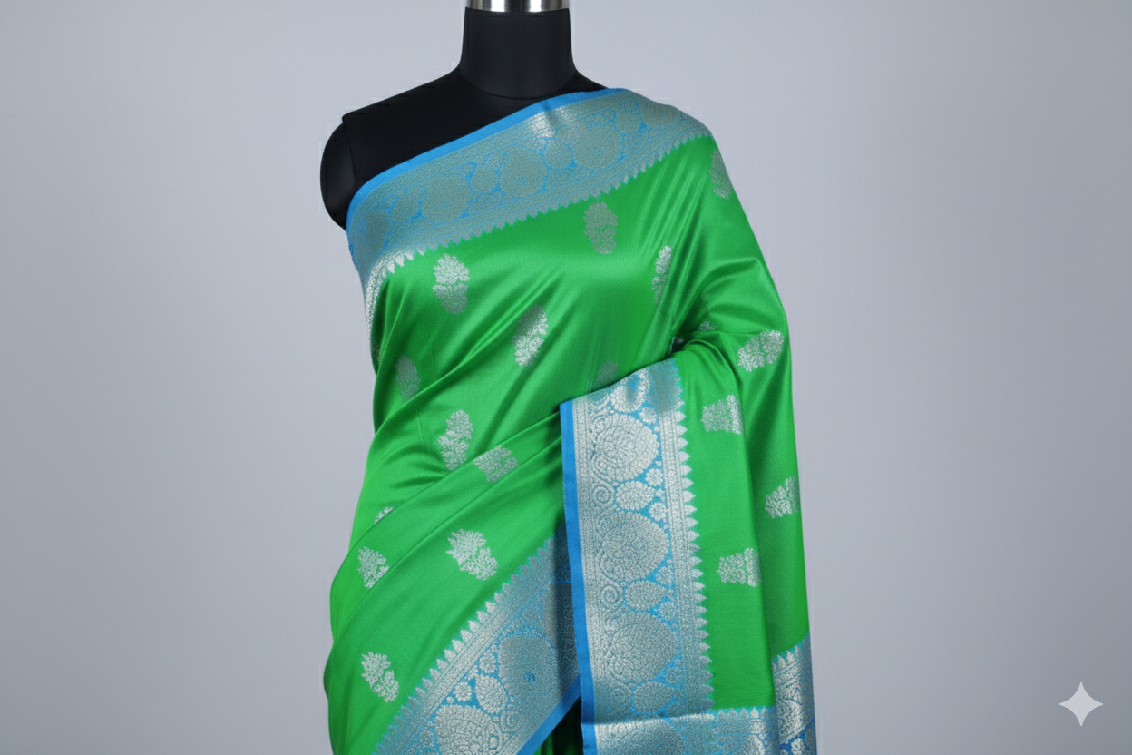 Vibrant Parrot Green Silk Saree with Royal Blue Contrast and Silver Zari