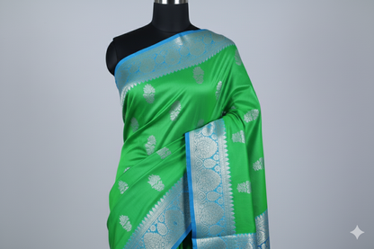 Vibrant Parrot Green Silk Saree with Royal Blue Contrast and Silver Zari