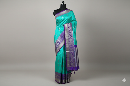 Exquisite Turquoise Silk Saree with Royal Purple Contrast and Heavy Silver Zari
