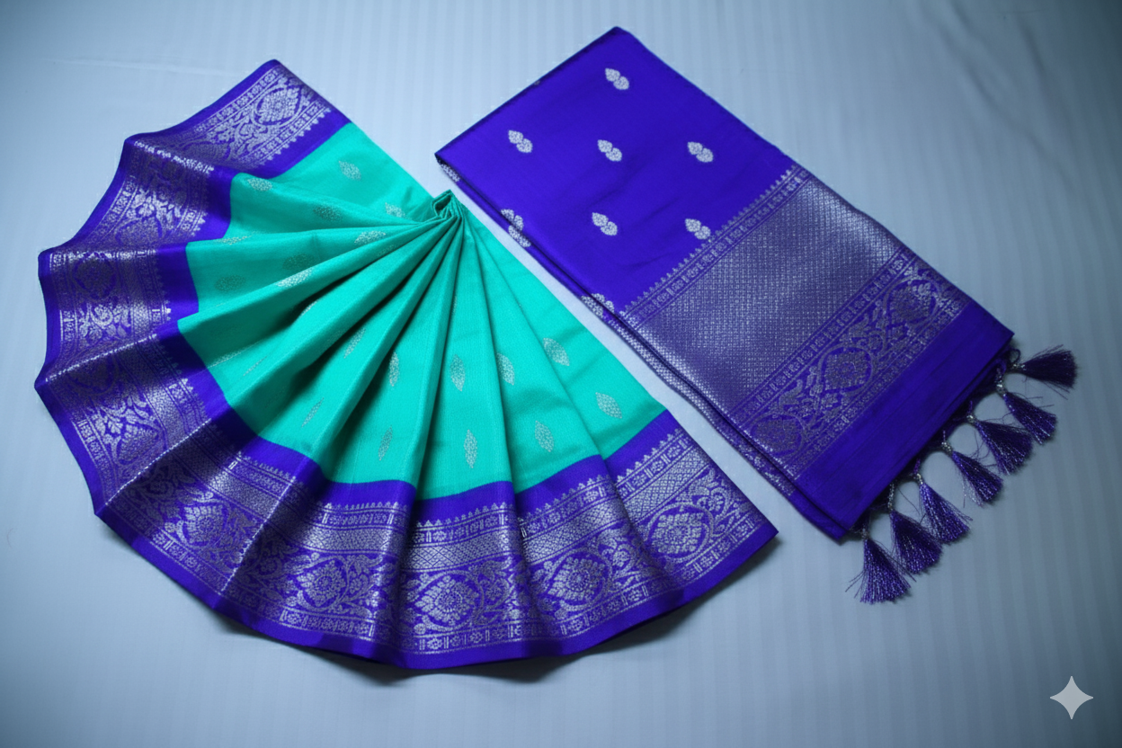 Exquisite Turquoise Silk Saree with Royal Purple Contrast and Heavy Silver Zari