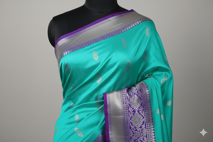 Exquisite Turquoise Silk Saree with Royal Purple Contrast and Heavy Silver Zari