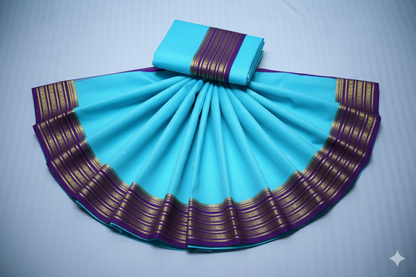 Vibrant Aqua Blue Silk Saree with Bold Purple Contrast Border