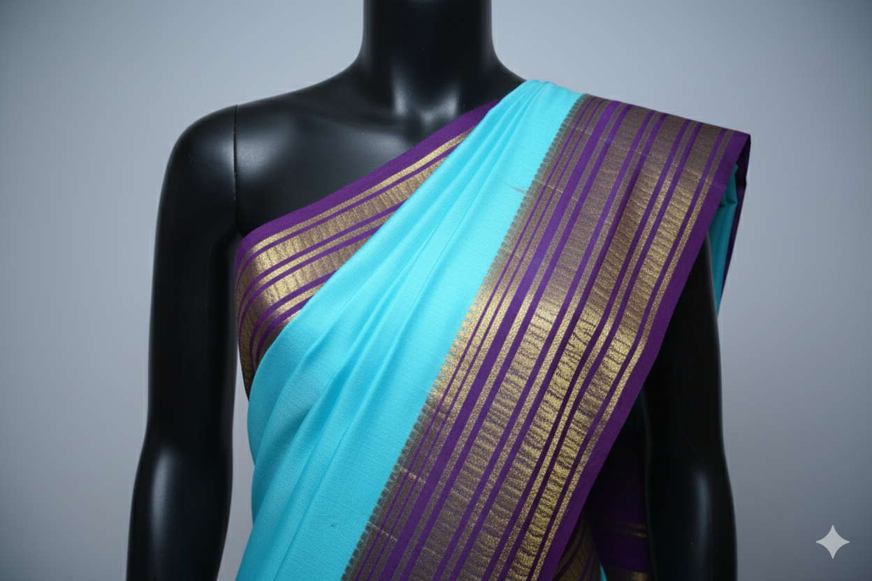 Vibrant Aqua Blue Silk Saree with Bold Purple Contrast Border