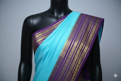 Vibrant Aqua Blue Silk Saree with Bold Purple Contrast Border