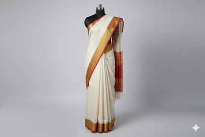 Classic Off-White Silk Saree with Rich Red and Gold Temple Border