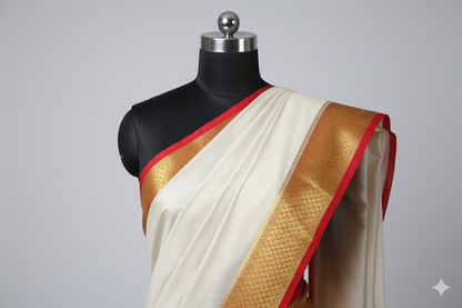 Classic Off-White Silk Saree with Rich Red and Gold Temple Border
