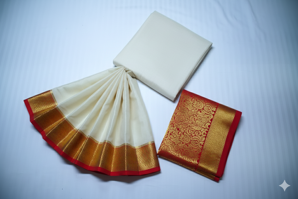 Classic Off-White Silk Saree with Rich Red and Gold Temple Border