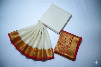 Classic Off-White Silk Saree with Rich Red and Gold Temple Border