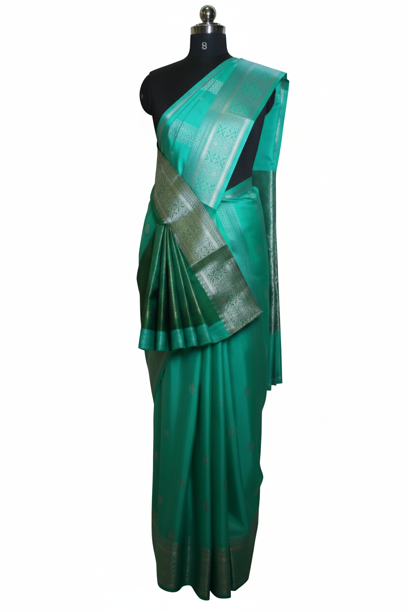 Elegant Teal Green Silk Saree with Heavy Silver Zari Weave